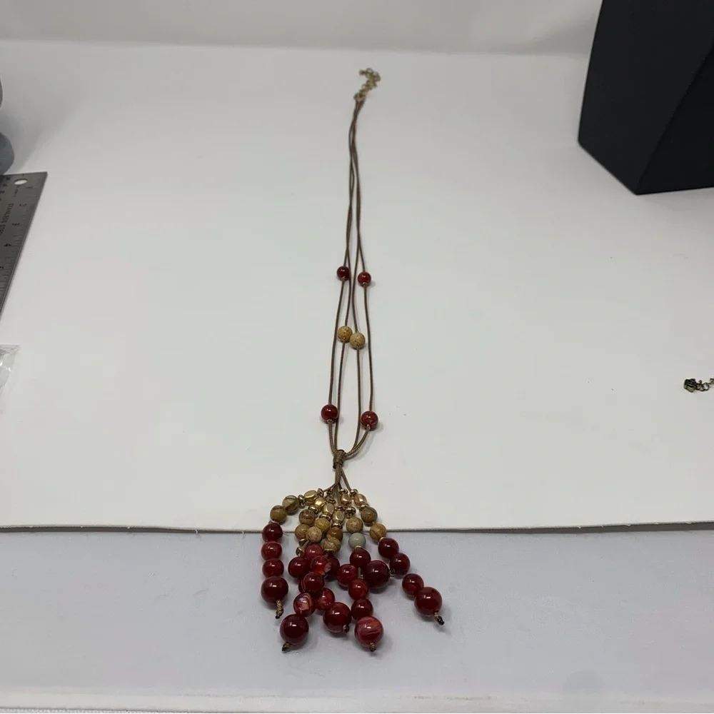 Boho Red and Brown Beaded Tassel Long Necklace